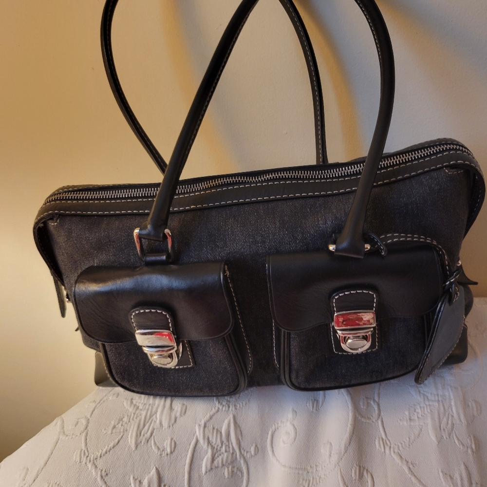Dooney & Bourke Vintage Handbag Double pocket black denim and leather.